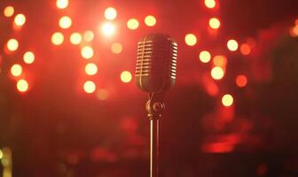 a microphone is in front of a red light photo