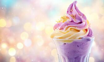 A glass of ice cream with a purple swirl and gold sprinkles on top photo