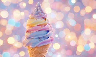 an ice cream cone with rainbow swirls on a colorful background photo