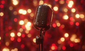 A microphone is on a red background with a blurry effect photo