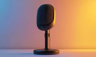A microphone with a black and white design sits on a table photo