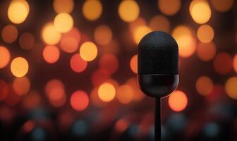 microphone on stage with bokeh lights photo