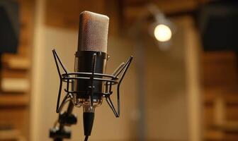 A microphone on a stand in the studio photo