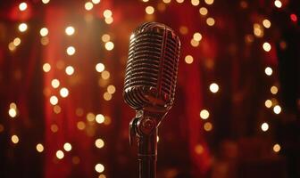 A microphone is on a red background with a lot of lights photo