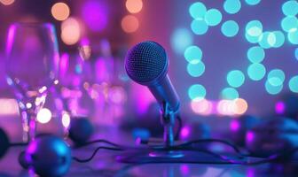 A microphone is on a table with a glass of wine, bokeh background photo