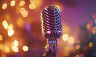 A microphone is on a microphone stand in front of a Christmas tree photo