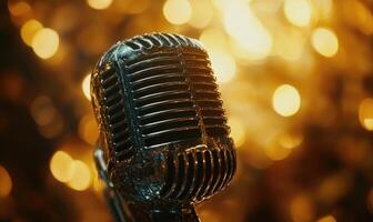 A microphone is shown in a blurry background with a bright orange glow photo