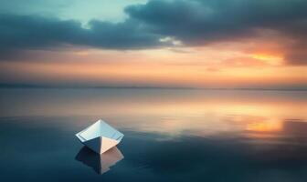 A small white boat is floating on the surface of a calm body of water photo