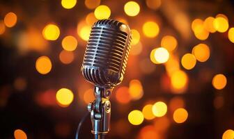 a microphone on a stage with lights behind it photo