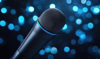 A microphone is shown with a blue cord and a black microphone head photo