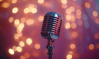 A microphone on a stand in front of a blurry background photo