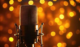 a microphone is shown in front of a background of lights photo