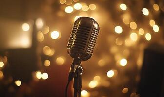 a microphone is in front of a background of lights photo