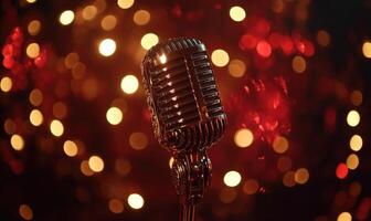 A microphone is on a microphone stand in front of a red background photo