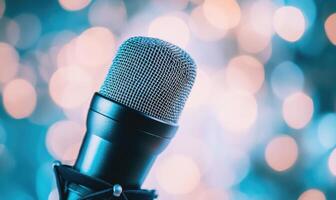 closeup view of a microphone is pointed at a blurry background photo