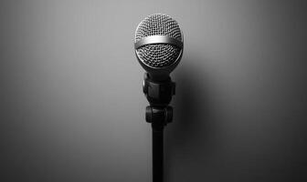 A microphone is on a stand in front of a gray wall photo