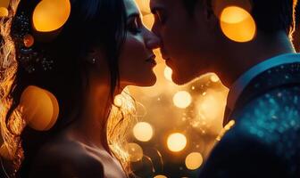 a couple kissing in front of a lighted background photo