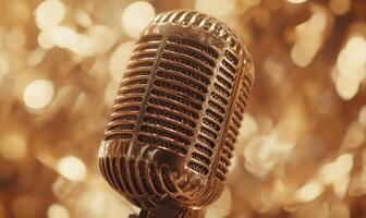 A microphone with a gold finish is shown in a blurry background photo
