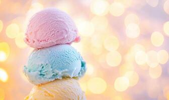 Three ice cream scoops stacked on top of each other, with one being blue photo