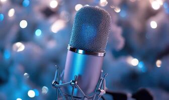 A microphone is on a stand in front of a Christmas tree photo