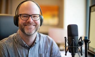 A man wearing glasses and a microphone is smiling photo