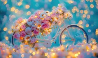 A bicycle is decorated with flowers and is surrounded by a blue background photo