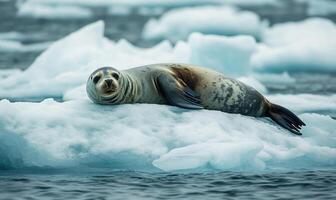 a seal is laying on an ice floe photo