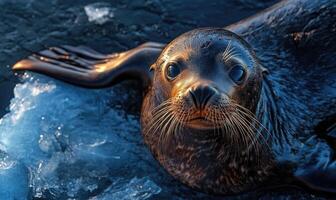 A seal is swimming in the ocean with its head above the water photo