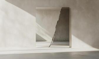 A large mirror is reflected in a wall with a large crack in it photo