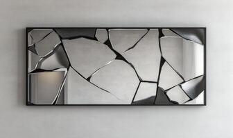A mirror with a broken frame and a shattered reflection photo