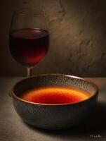 Red Wine and Creme brulee in a Rustic Bowl. A sophisticated still life image perfect for wine lists, culinary publications, or restaurant menus. photo