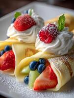 Delicious Crepes with Fresh Berries and Whipped Cream. A close up image of three delightful crepes filled with strawberries, blueberries, raspberries, and melon, topped with whipped cream. photo