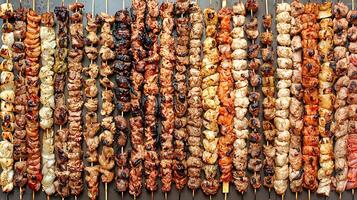 A Colorful Array of Grilled Meat and Vegetable Skewers. photo