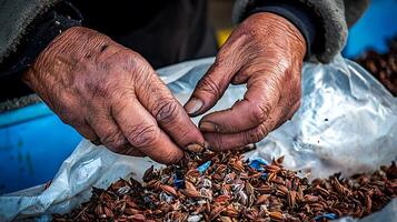 Close Up of Hands Sorting Dried Seeds. A detailed image showcasing the texture and age of weathered hands carefully handling a pile of seeds. photo