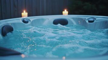 Relaxing Hot Tub Scene with Candles at Night. A close up view of bubbling water in a hot tub, illuminated by soft candlelight. photo
