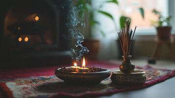 Tranquil Scene Burning Incense and Candles on a Colorful Rug. photo