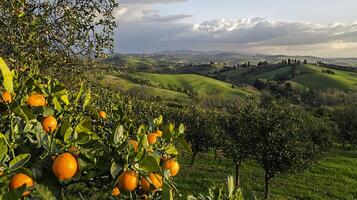 Tuscan Landscape with Orange Grove and Rolling Hills. A picturesque view of citrus trees laden with ripe oranges, set against the backdrop of the scenic Italian countryside. photo