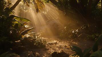 Sunbeams Illuminate Lush Tropical Jungle Path. photo