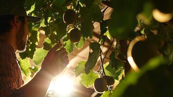 Farmer Examining Ripe Kiwifruit on the Vine in Greenhouse Sunlight. photo