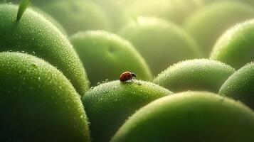 Ladybug on Dew-Covered Green Fruit in Soft Sunlight. A close up macro photograph of nature. photo