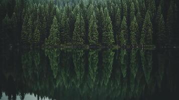 Serene Reflection of Evergreen Trees in a Calm Lake. A stunning natural landscape image perfect for tranquil themes. photo