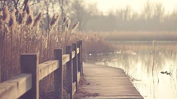 Serene Lakeside Path Wooden Walkway and Reeds in Soft Light. photo