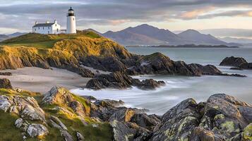 Coastal Lighthouse at Sunset with Dramatic Mountain Views. A scenic image featuring a white lighthouse perched on a rocky cliff overlooking a tranquil ocean and majestic mountains. photo
