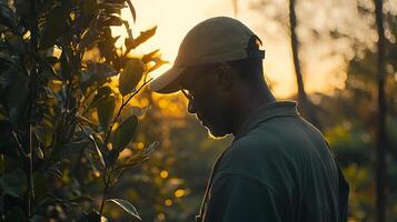 Man Contemplating Nature at Sunset. A serene image of a person taking a moment of reflection amidst the golden hour. photo