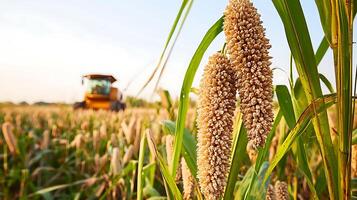 Ripe Millet Stalks in a Field with a Harvesting Machine in the Background. photo