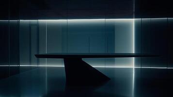 Sleek Modern Table in a Dark Minimalist Room with Soft Lighting. A futuristic interior design image featuring a unique table and modern architectural elements. photo