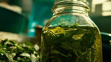 Close up of a Glass Jar Filled with Fresh Mint Leaves and Oil. photo