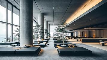 Modern Lobby Interior Design Tranquil Space with Minimalist Furniture and Greenery. photo