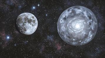 Celestial Bodies in Deep Space Two Moons Orbiting in a Starry Nebula. photo