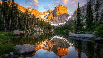 Majestic Mountain Peak Reflected in a Still Lake at Sunrise. A breathtaking landscape photograph showcasing the golden hour light illuminating a towering mountain range. photo